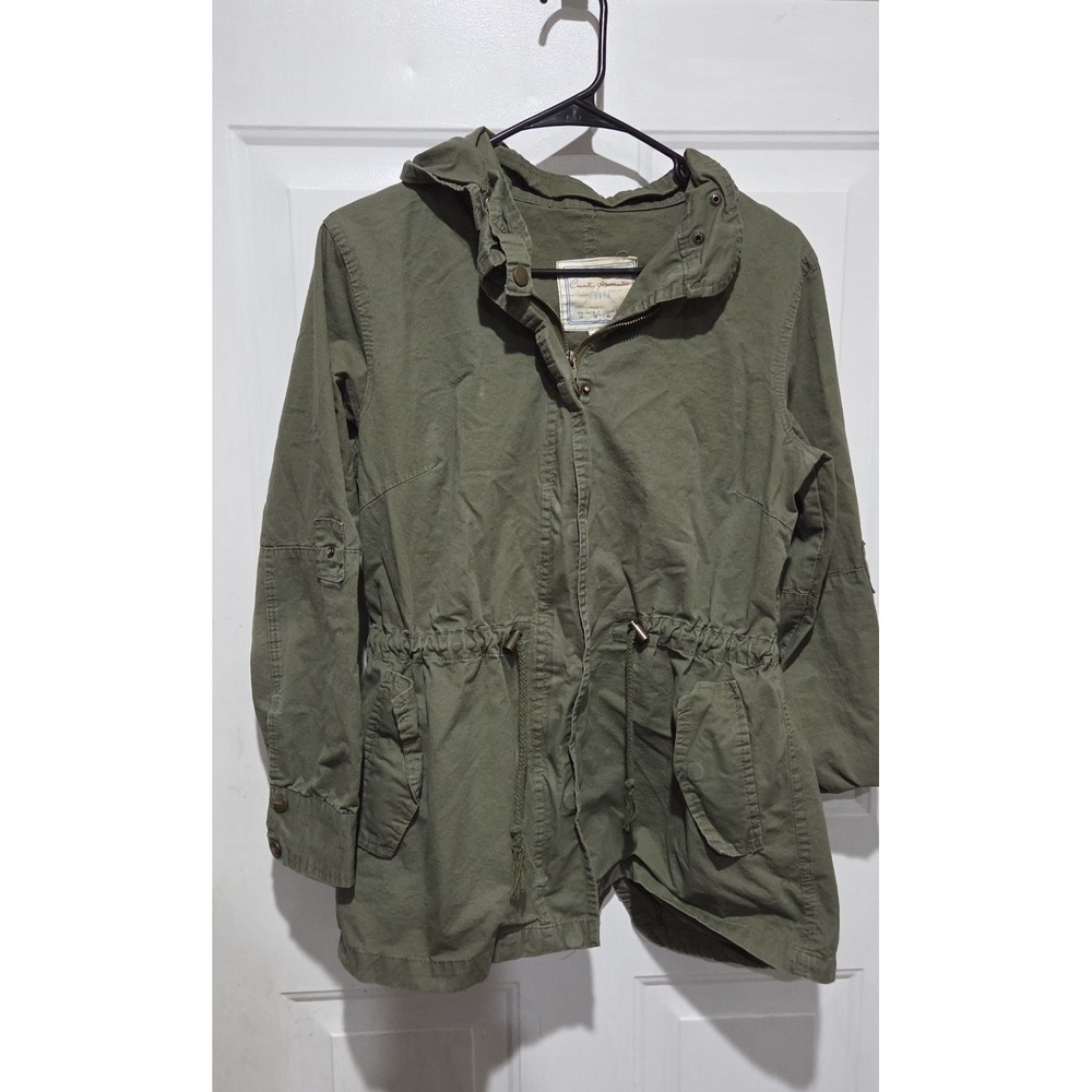 Country Romantic Authentic Denim '75 Hood Olive Green Military Jacket Women Sz 6